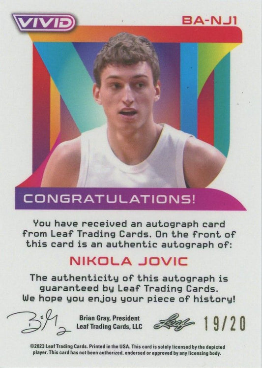 Nikola Jovic 2022-23 Leaf Vivid Rookie RC Auto #19/20 #BA-NJ1