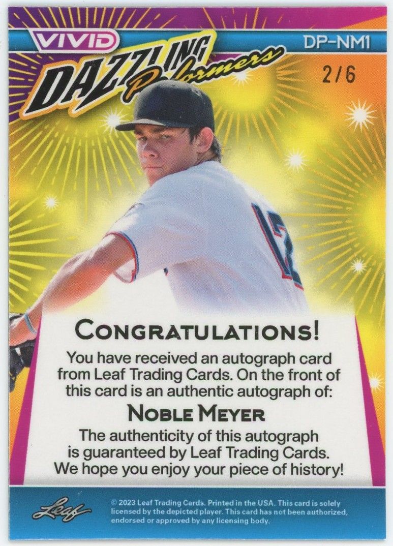2023 Leaf Vivid Baseball Noble Meyer Mojo Auto #2/6 #DP-NM1