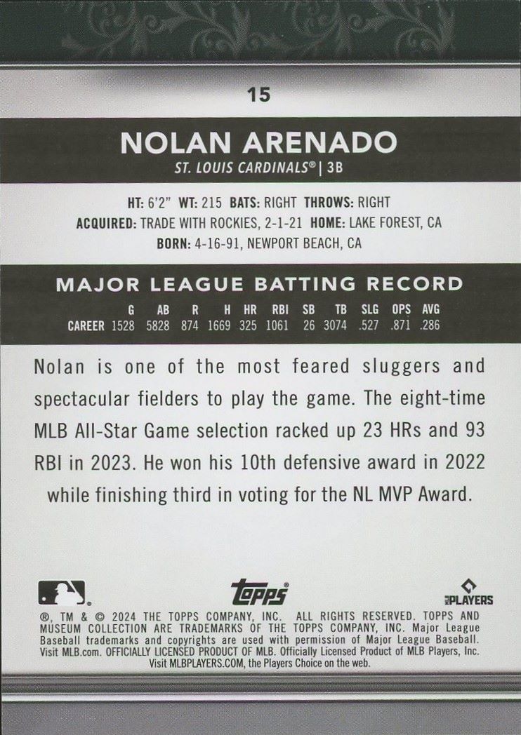 2024 Topps Museum Collection Nolan Arenado #15 Cardinals