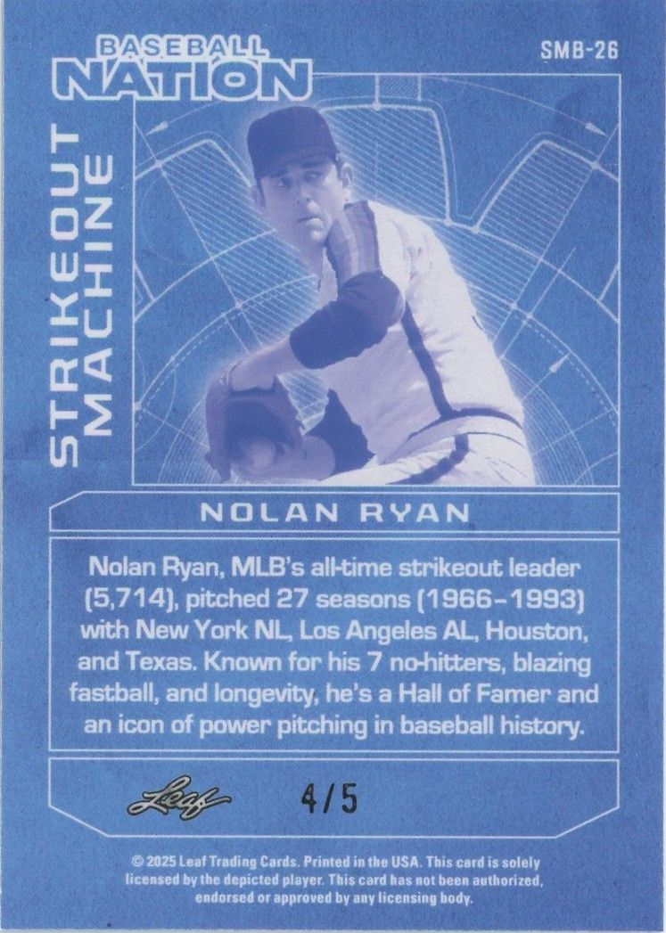 Nolan Ryan 2025 Leaf Baseball Nation Strikeout Machine Pink #4/5 #SMB-26