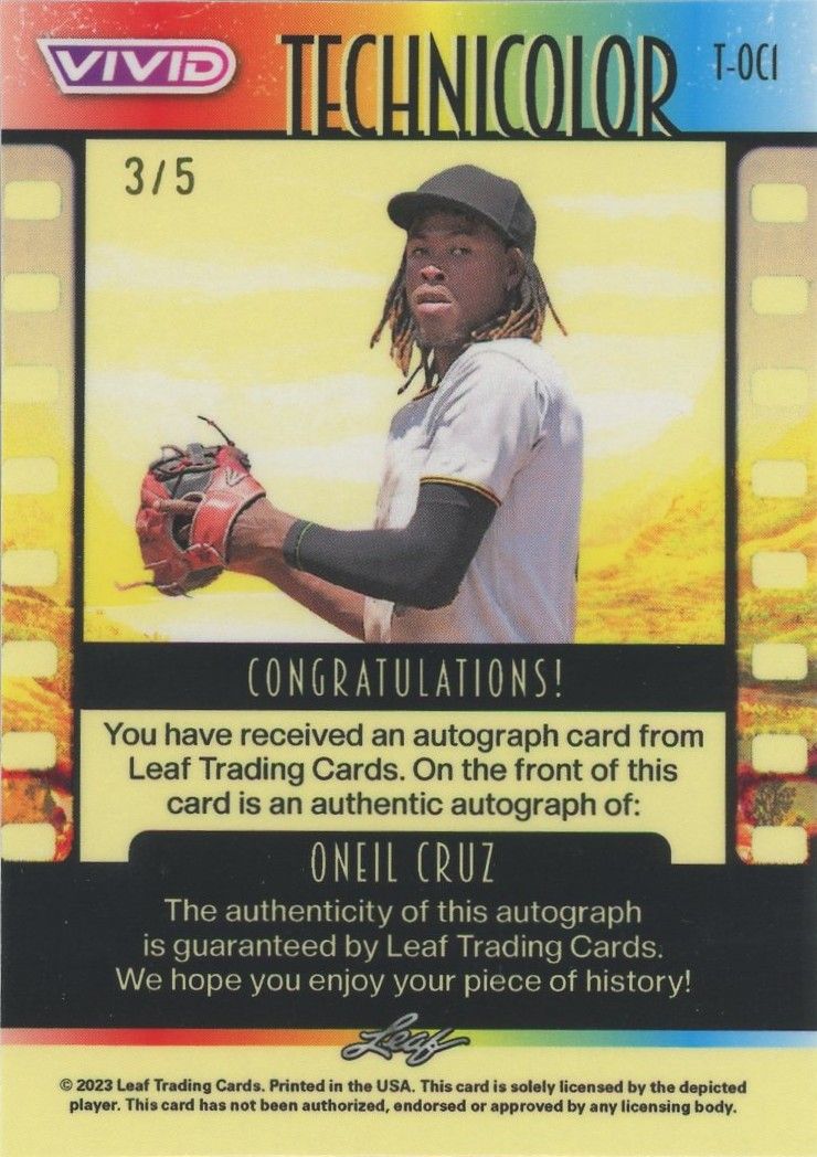 Oneil Cruz 2023 Leaf Vivid Technicolor Auto Black #3/5 Pittsburgh Pirates