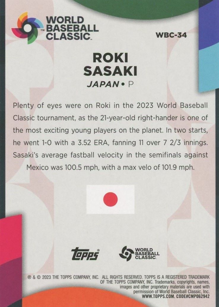 Roki Sasaki 2023 Topps Series 2 World Baseball Classic #WBC-34