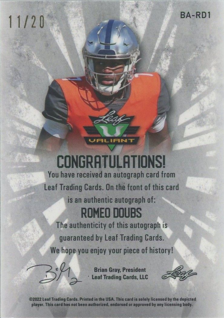 Romeo Doubs 2022 Leaf Valiant Navy Blue Auto Rookie XRC #11/20 #BA-RD1