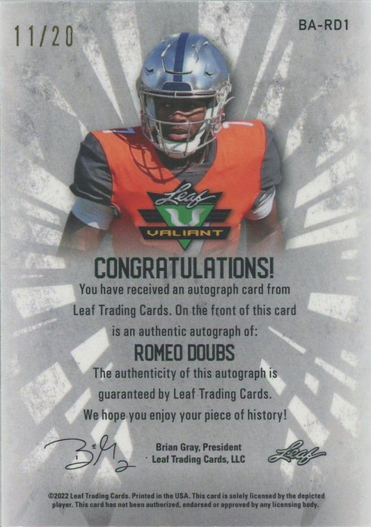 Romeo Doubs 2022 Leaf Valiant Navy Blue Auto Rookie XRC #11/20 #BA-RD1