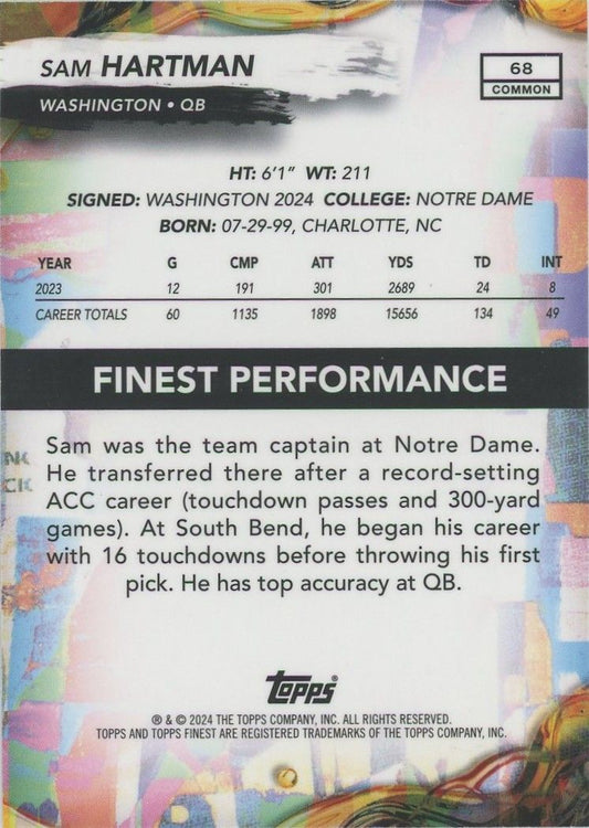 Sam Hartman 2024 Topps Finest Purple Checkerboard Rookie RC #18/150 #68