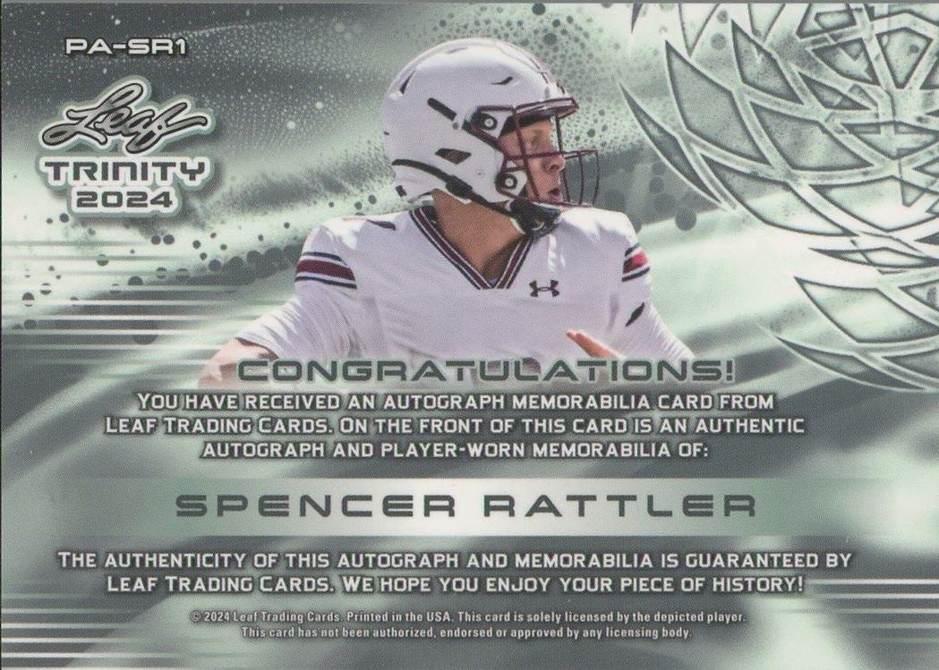 Spencer Rattler 2024 Leaf Trinity Jumbo Player Worn Patch Auto Autograph #13/99