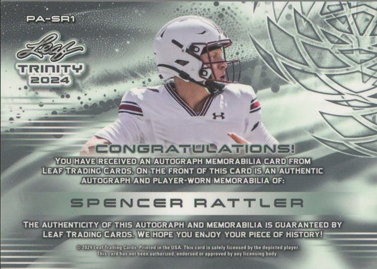 Spencer Rattler 2024 Leaf Trinity Jumbo Player Worn Patch Auto Autograph #13/99
