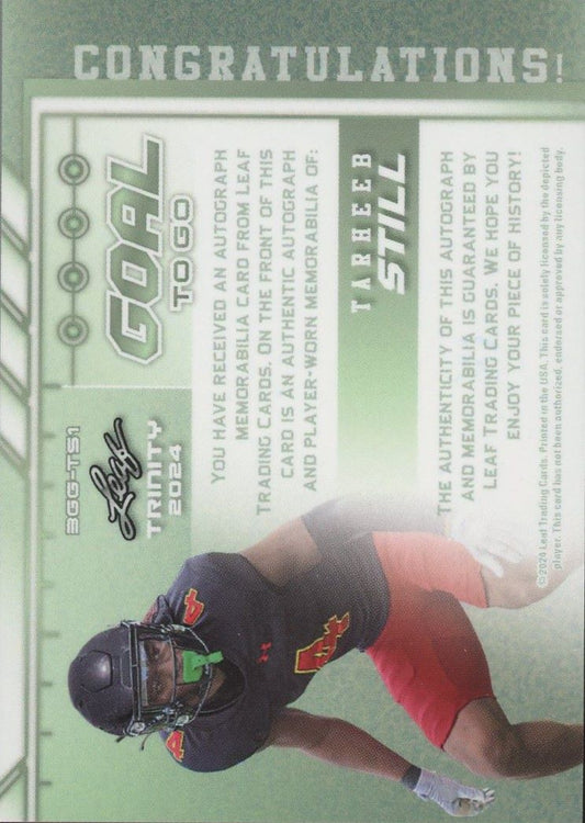 Tarheeb Still 2024 Leaf Trinity 3rd And Goal Goal Jersey Patch Auto #9/10