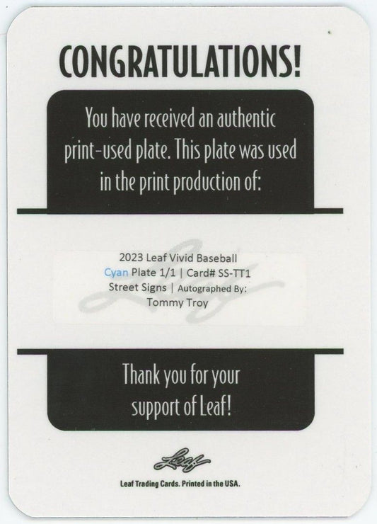 2023 Leaf Vivid Tommy Troy Street Signs Cyan Printing Plate Auto #1/1 #SS-TT1
