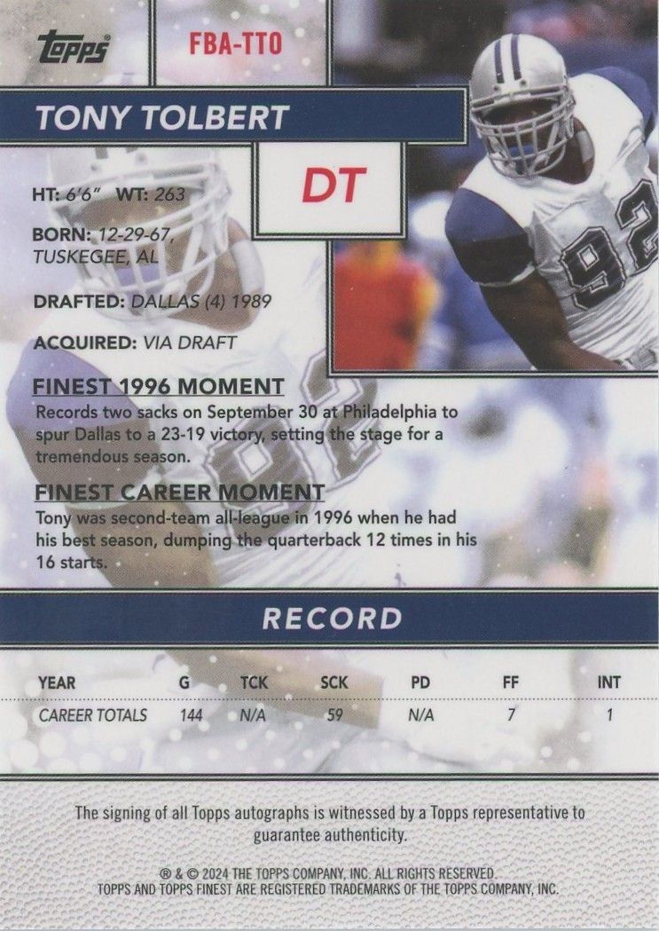 Tony Tolbert 2024 Topps Finest Football Auto #FBA-TTO