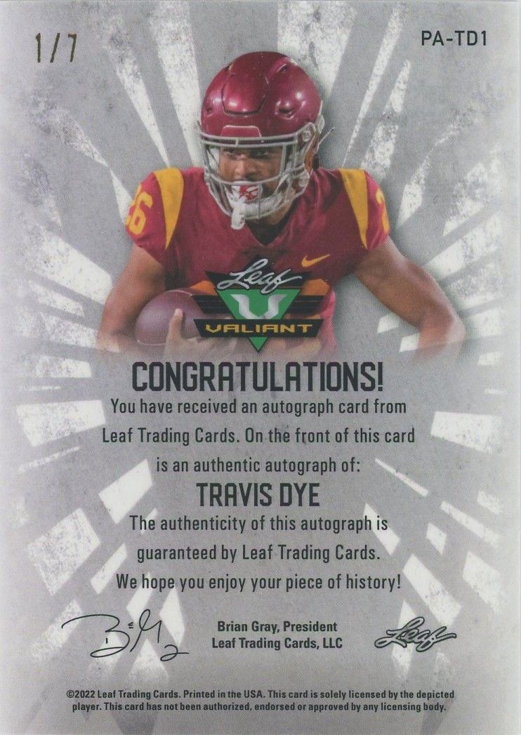 Travis Dye 2022 Leaf Valiant Portrait Auto Sky Blue #1/7 #PA-TD1 USC