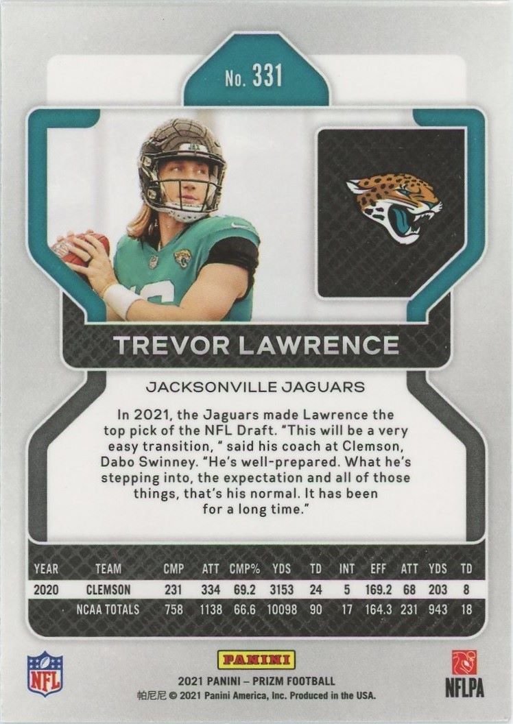 Trevor Lawrence 2021 Panini Prizm #331 Rookie RC Jacksonville Jaguars