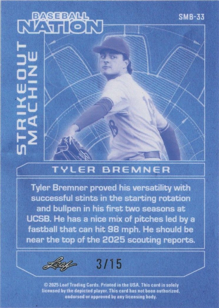 2025 Leaf Baseball Nation Tyler Bremner Strikeout Machine Silver Shimmer Auto #3/15