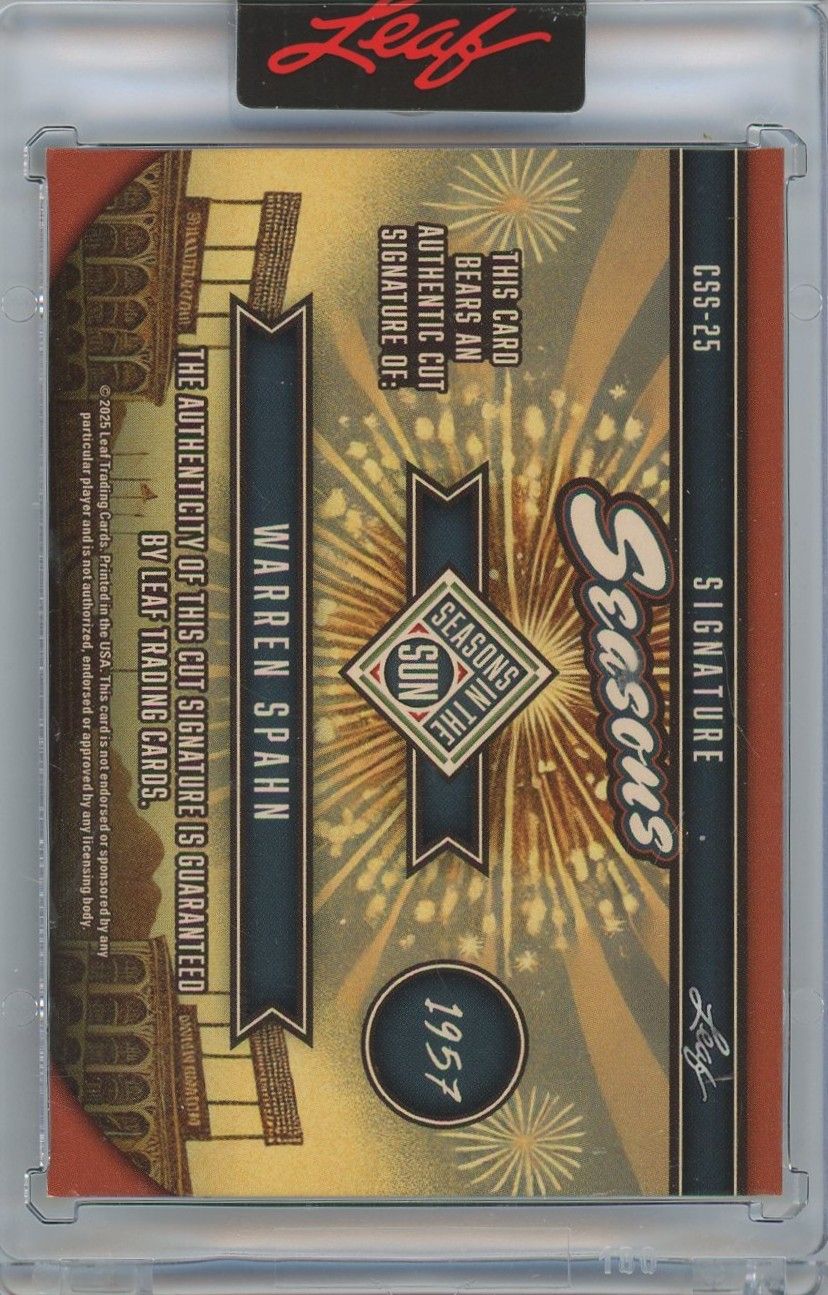 Warren Spahn 2025 Leaf Seasons in the Sun Cut Signature Auto #1/1 #CSS-25