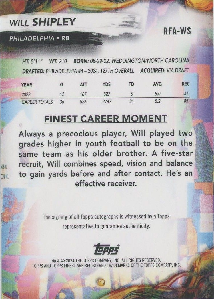 Will Shipley 2024 Topps Finest Rookie RC Auto #RFA-WS