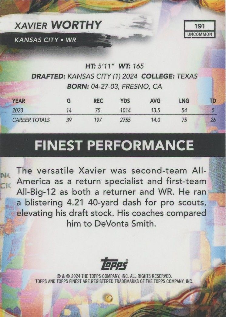Xavier Worthy 2024 Topps Finest Sky Blue Rookie RC #101/250 #191