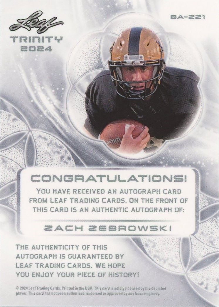 Zach Zebrowski 2024 Leaf Trinity Copper Autograph #55/99 #BA-221