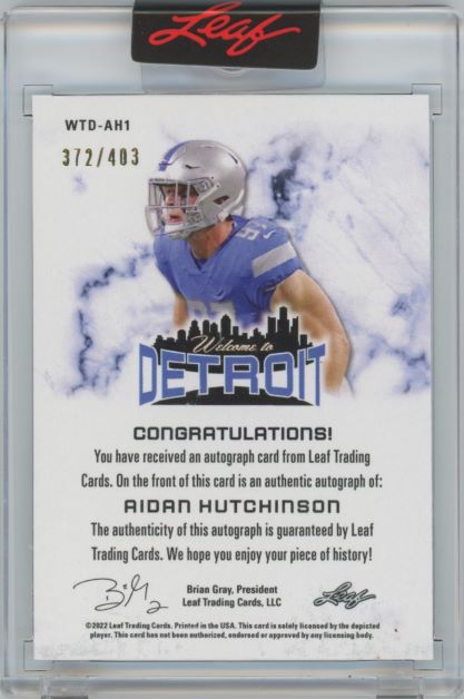2022 Leaf Aidan Hutchinson Welcome to Detroit Rookie Auto #372/403 #WTD-AH1