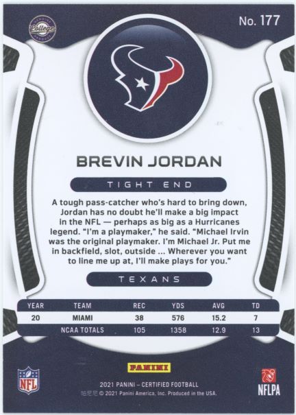 2021 Panini Certified Brevin Jordan Rookie #201/299 #177