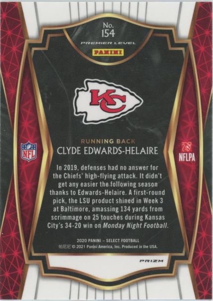 2020 Panini Select Clyde Edwards-Helaire Premier Level Rookie #154