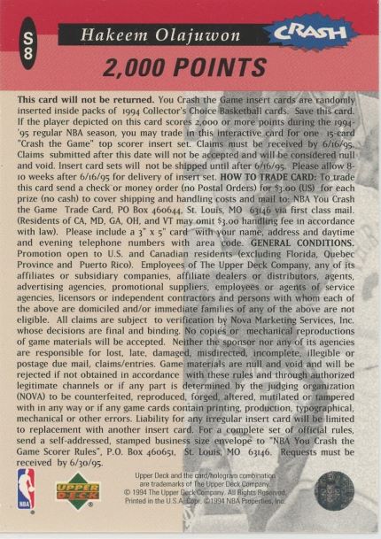 1994 Upper Deck Hakeem Olajuwon Collector's Choice You Crash the Game #S8