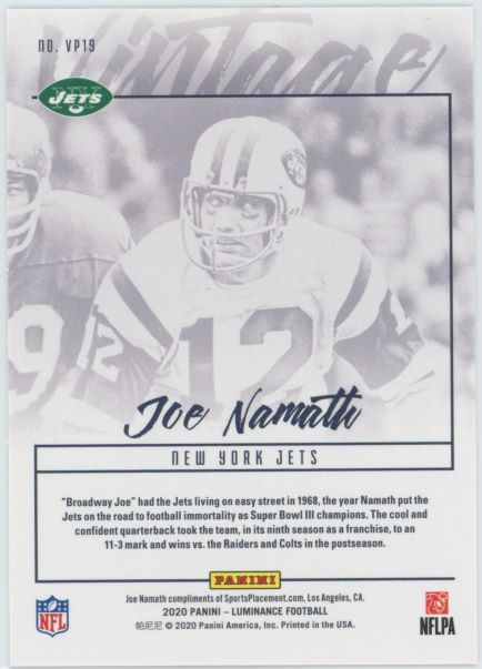 2020 Panini Luminance Joe Namath Vintage Performers Orange #100/100
