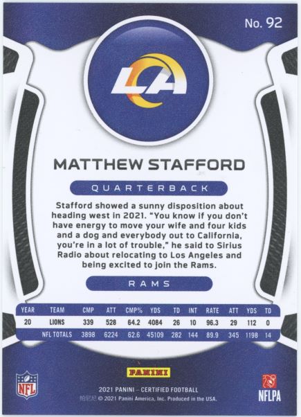 2021 Panini Certified Matthew Stafford Orange #/149 #92