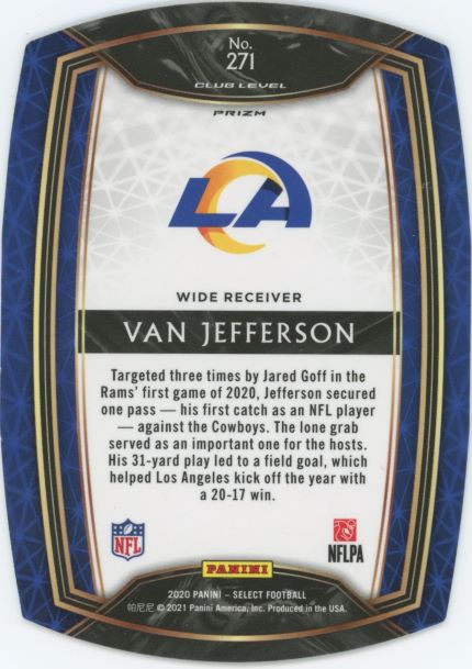 2020 Panini Select Van Jefferson Club Level Purple Prizm Die-Cut Rookie #271