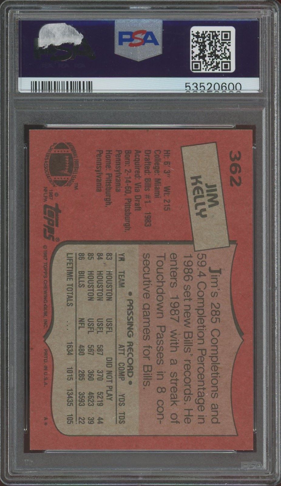 1987 Topps Football Jim Kelly #362 PSA 9