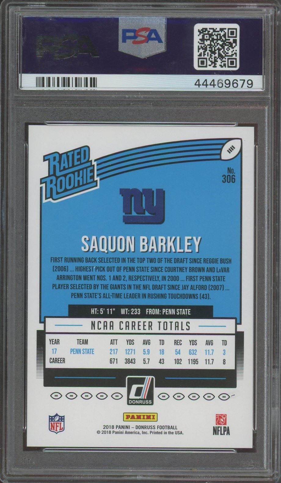 2018 Panini Donruss Saquon Barkley Rated Rookie #306 psa 10