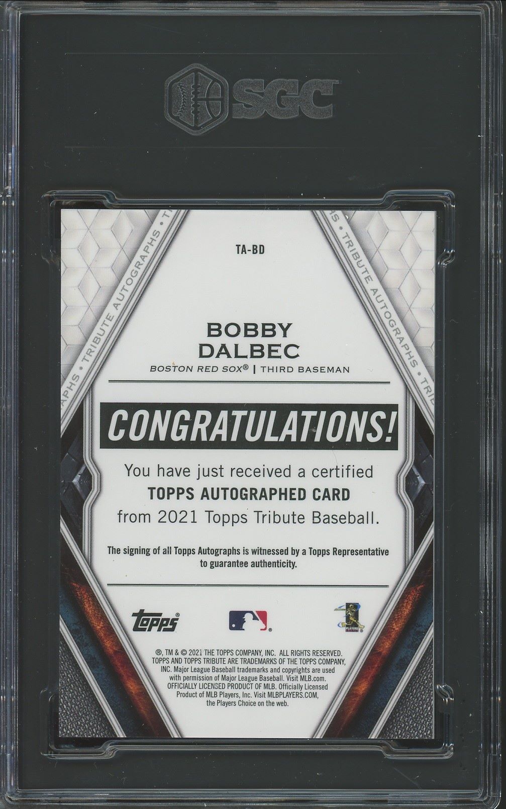 2021 Topps Tribute Bobby Dalbec Purple Auto #/50 #TA-BD SGC 10/Auto 10