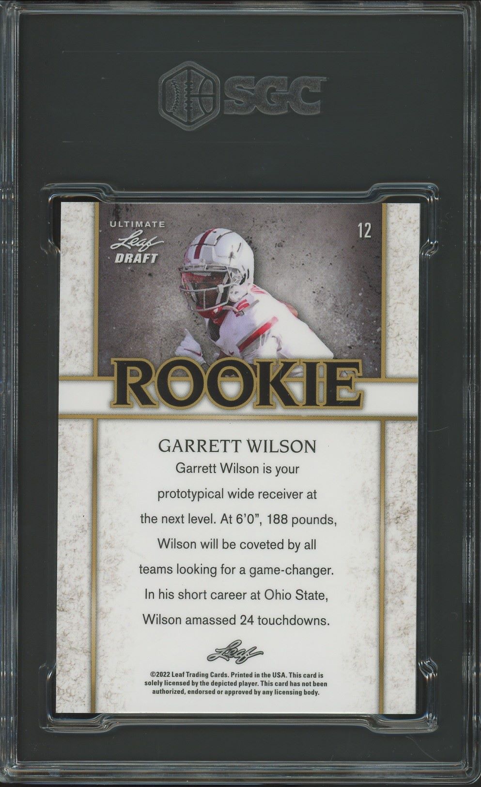 2022 Leaf Ultimate Draft Garrett Wilson Rookie Blue Rookie #/75 #12 SGC 10