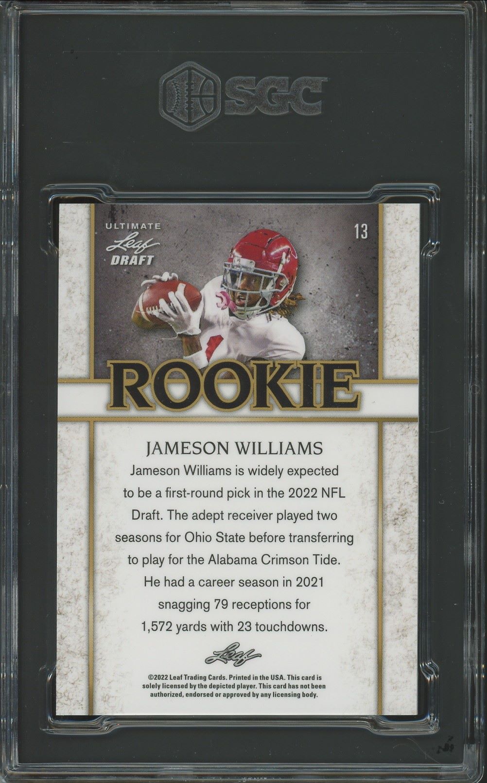 2022 Leaf Ultimate Draft Jameson Williams Rookies Navy Spectrum #/75 #13 SGC 9.5