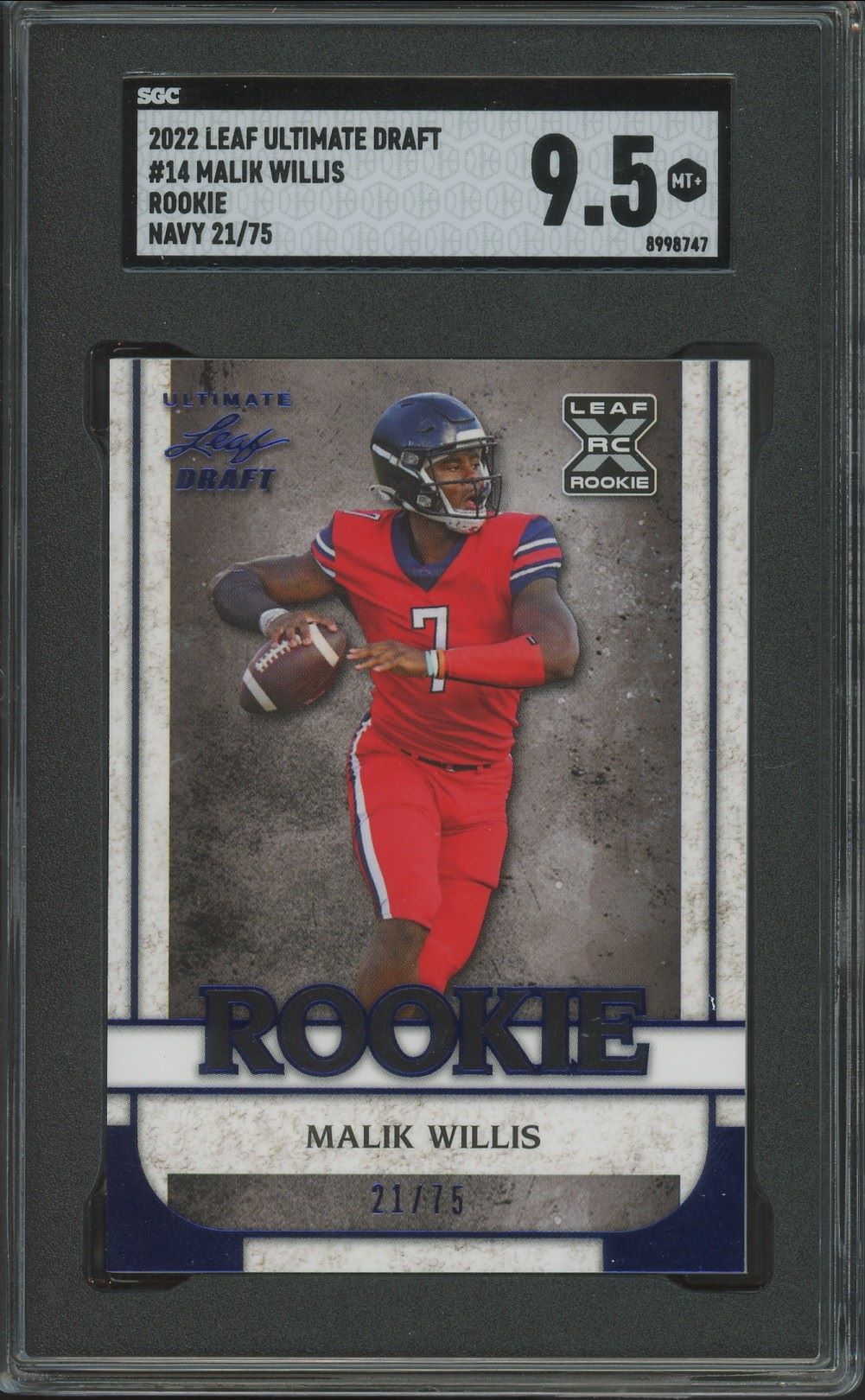 2022 Leaf Ultimate Draft Malik Willis Rookie Navy Spectrum #/75 #14 SGC 9.5