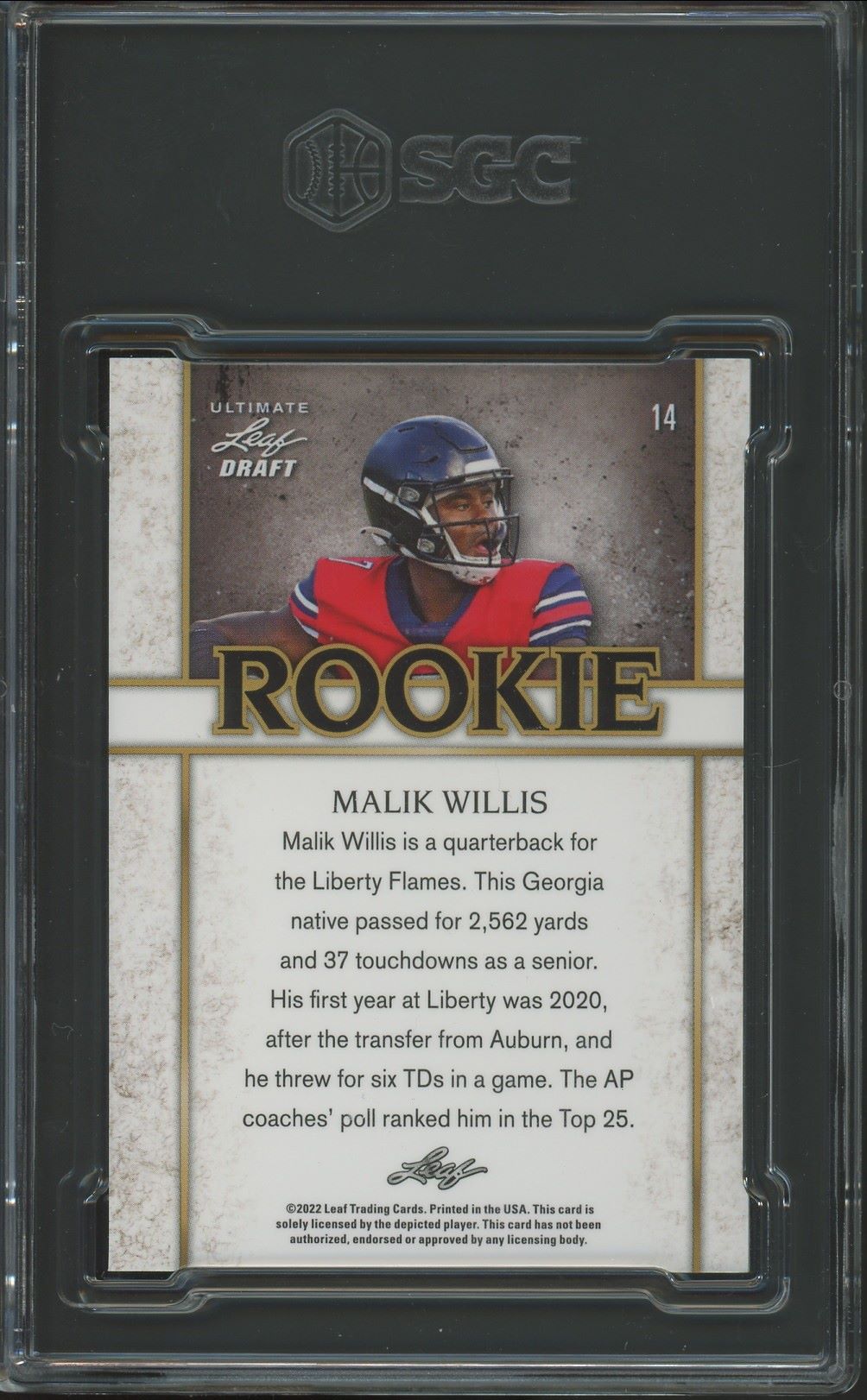 2022 Leaf Ultimate Draft Malik Willis Rookie Navy Spectrum #/75 #14 SGC 9.5