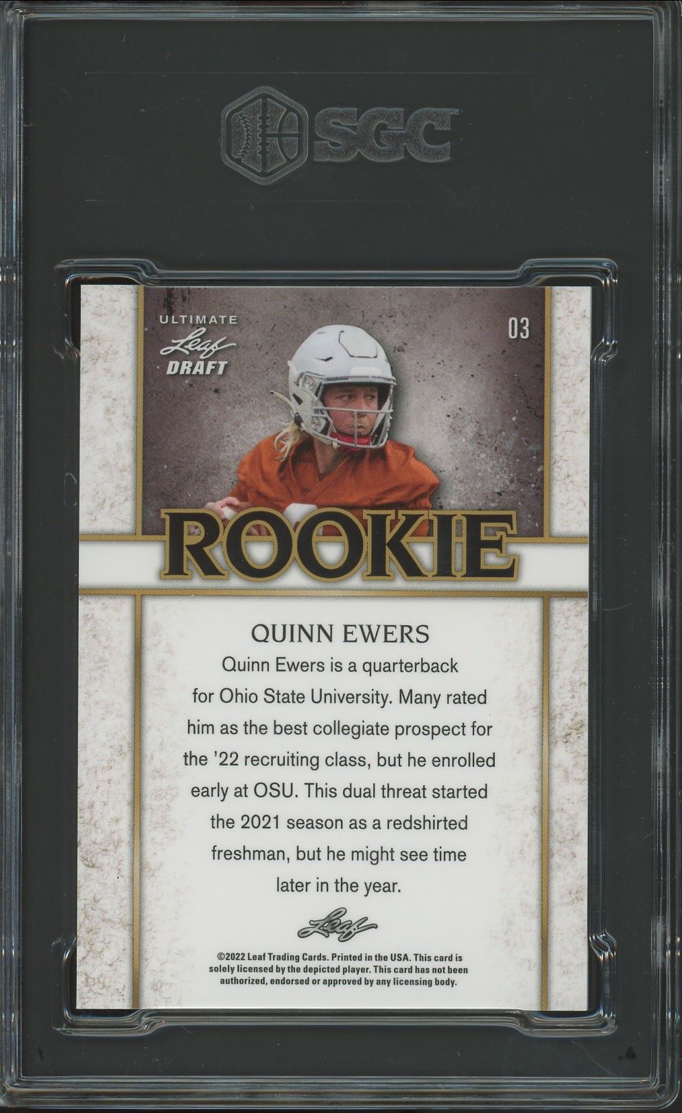 2022 Leaf Ultimate Draft Quinn Ewers Rookies Navy Spectrum #/75 #03 SGC 10