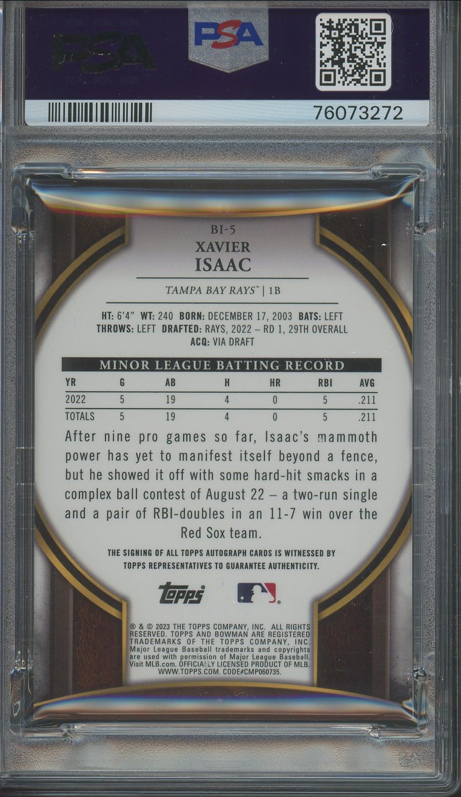 2023 Bowman Xavier Isaac Invicta Autograph Auto Card /99 #BI-5 PSA 9