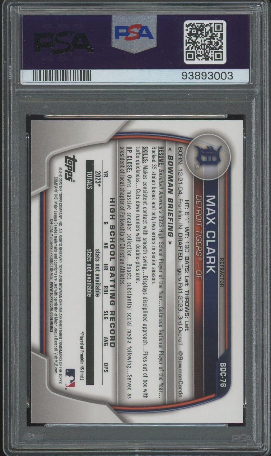 2023 Bowman Draft Max Clark Chrome Refractor PSA 10 #BDC76