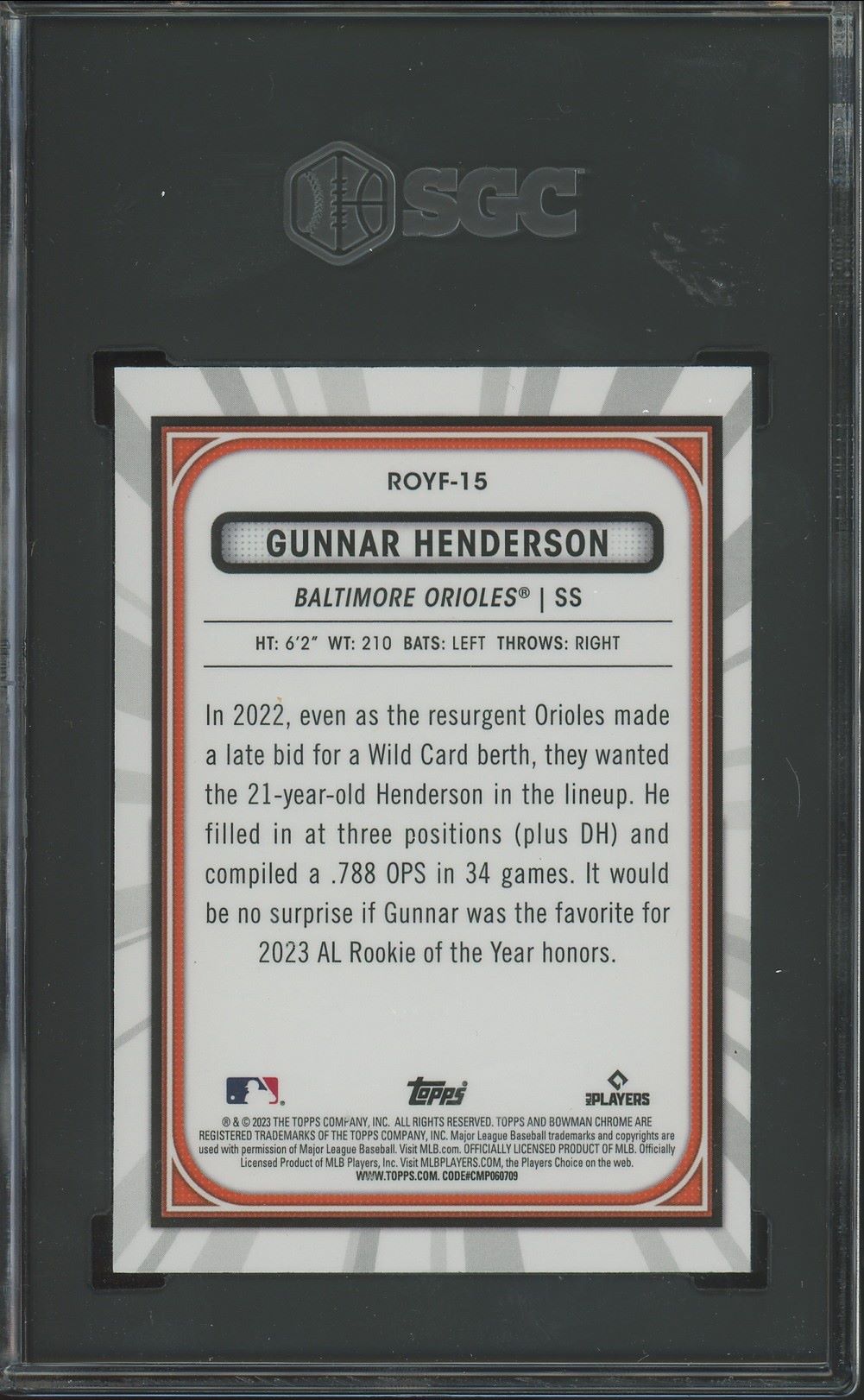 2023 Bowman ROY Favorites Gunnar Henderson Rookie #ROYF-15 SGC 9