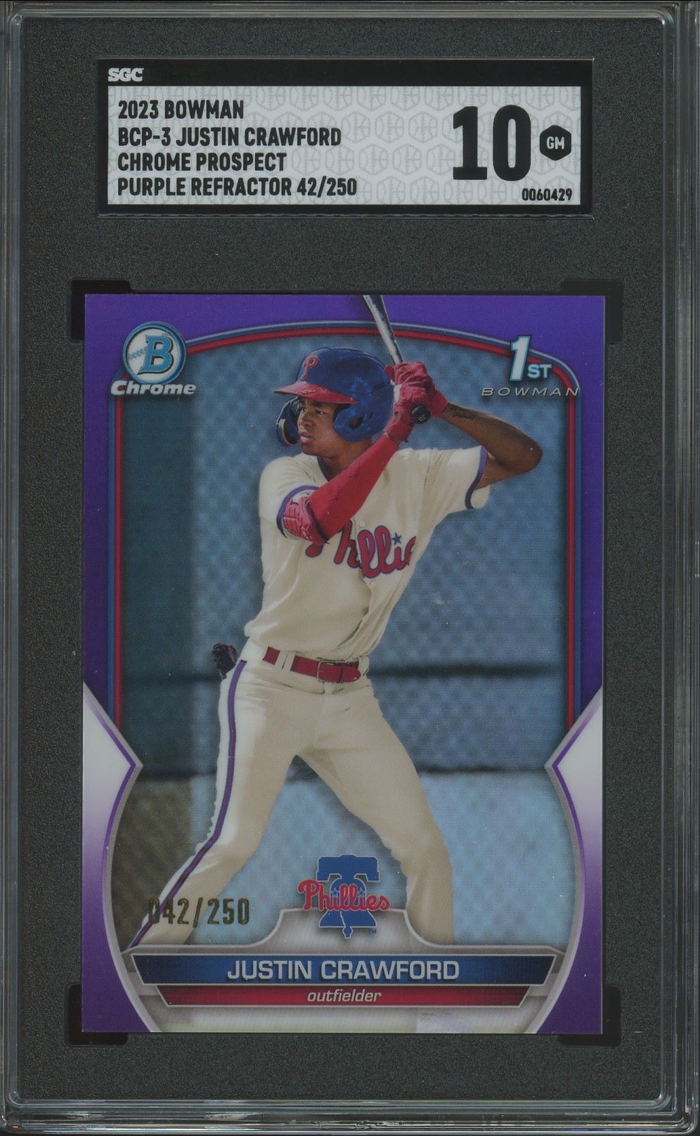 2023 Bowman Chrome Justin Crawford 1st Purple Refractor #/250 #BCP-3 SGC 10