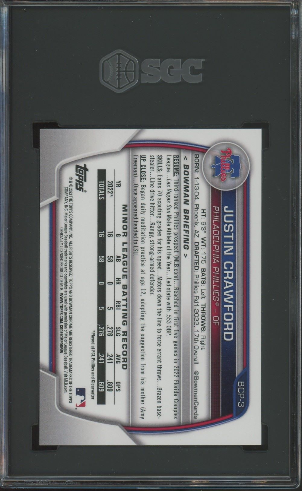 2023 Bowman Chrome Justin Crawford 1st Purple Refractor #/250 #BCP-3 SGC 10