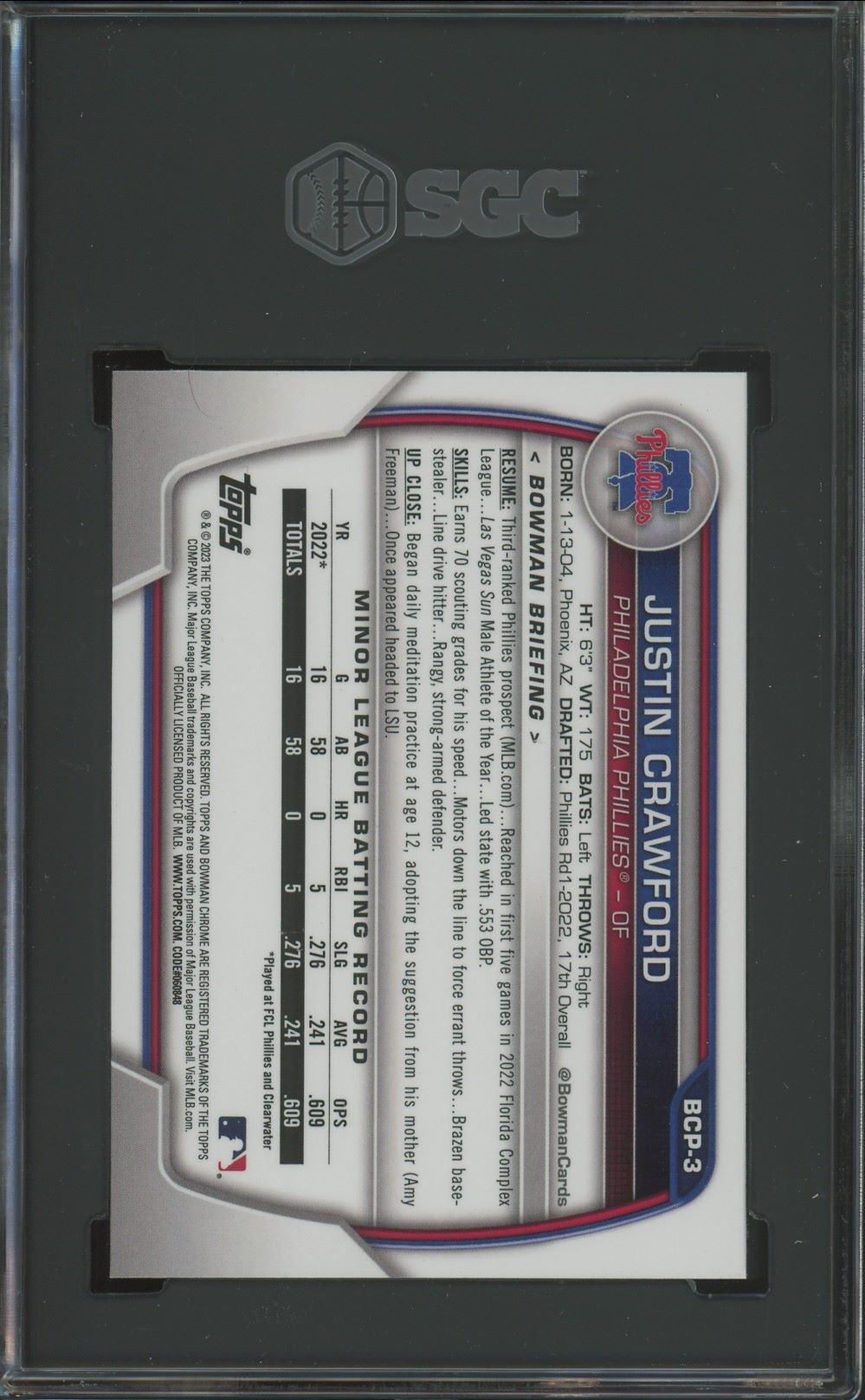 2023 Bowman Chrome Sapphire Justin Crawford 1st #BCP-3 SGC 9.5