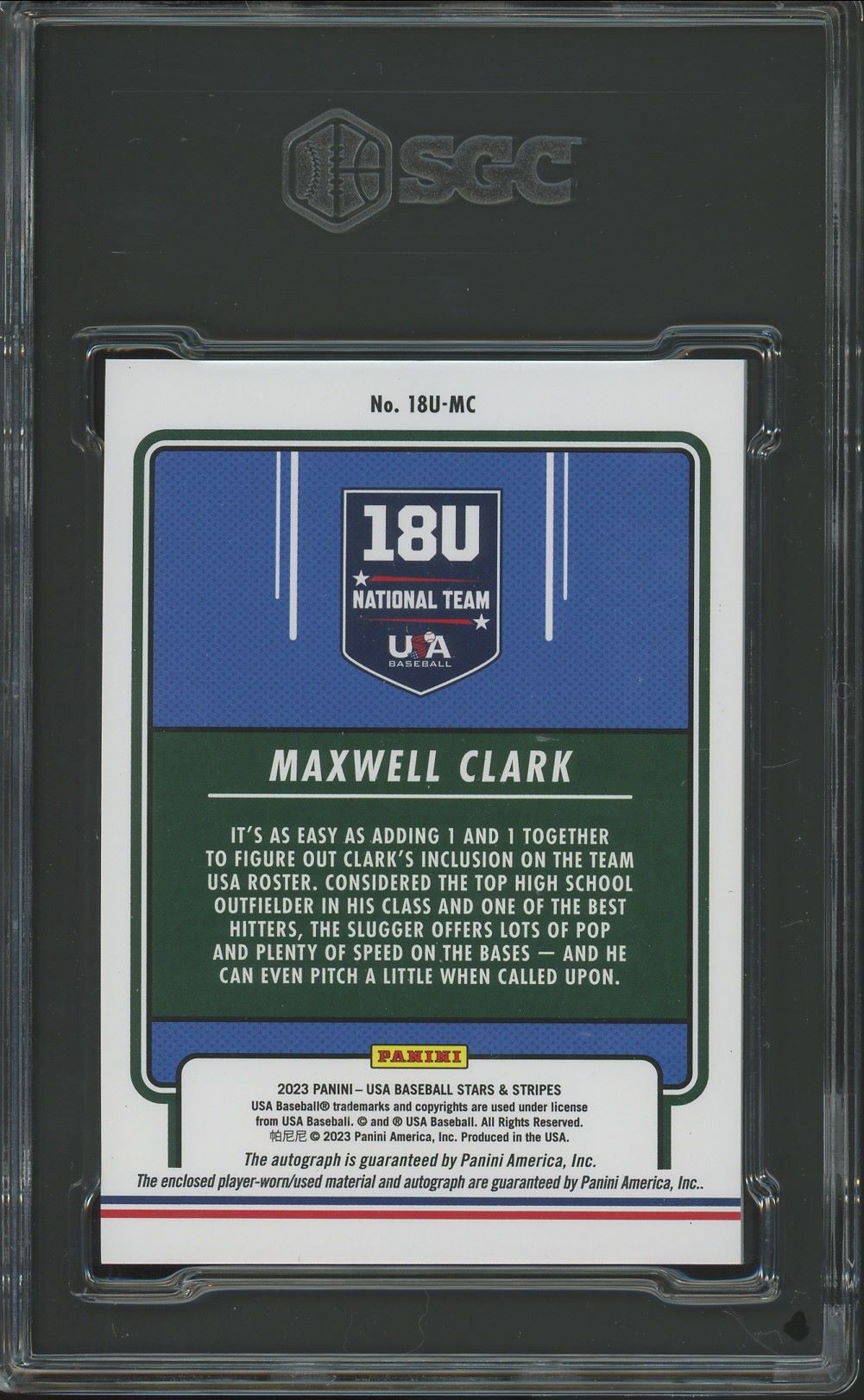 2023 Panini Stars & Stripes USA BB Max Clark Auto Patch #18U-MC SGC Auto 10/9.5