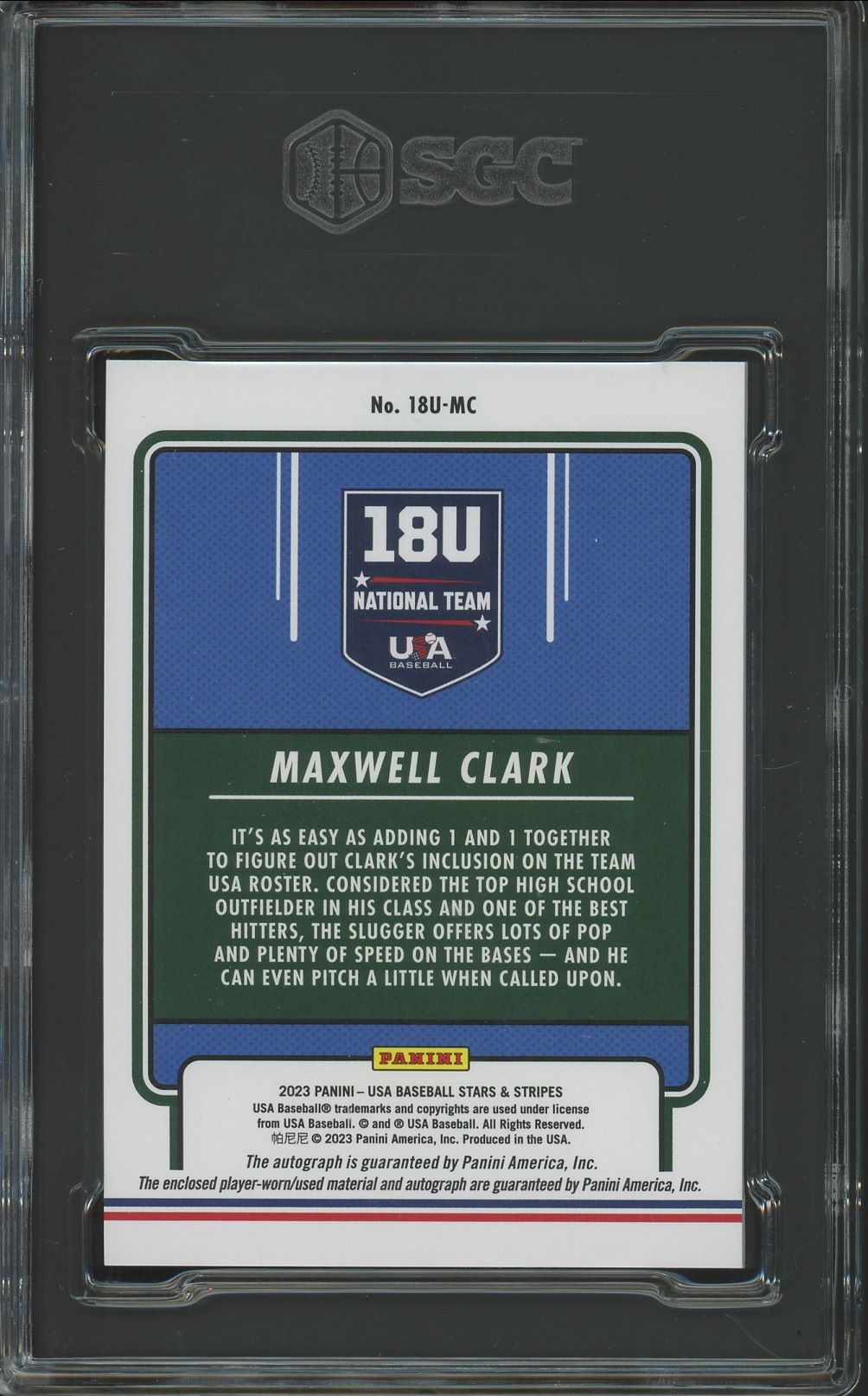 2023 Panini Stars & Stripes USA BB Max Clark Auto Patch #18U-MC SGC Auto 10/10