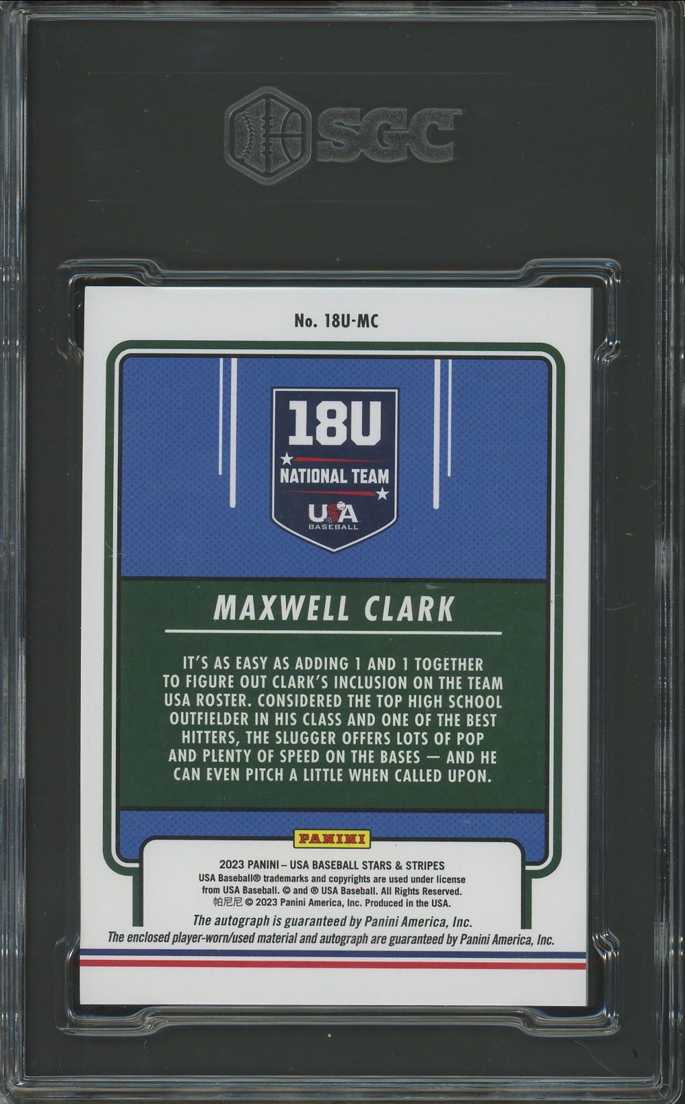 2023 Panini Stars & Stripes USA BB Max Clark Auto Patch #18U-MC SGC Auto 9.5/9.5