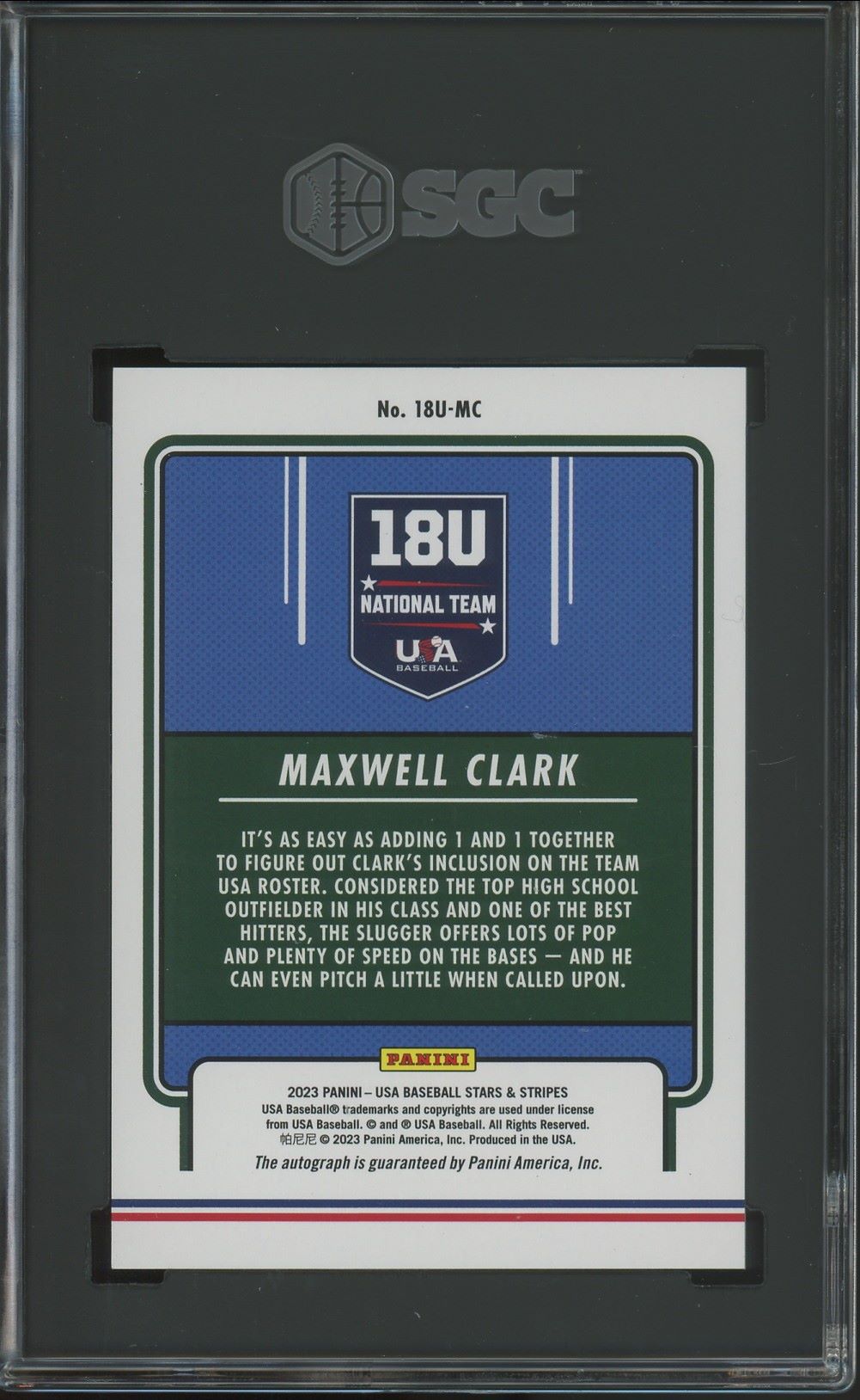 2023 Panini Stars & Stripes USA Baseball Max Clark Auto #18U-MC SGC Auto 10/10