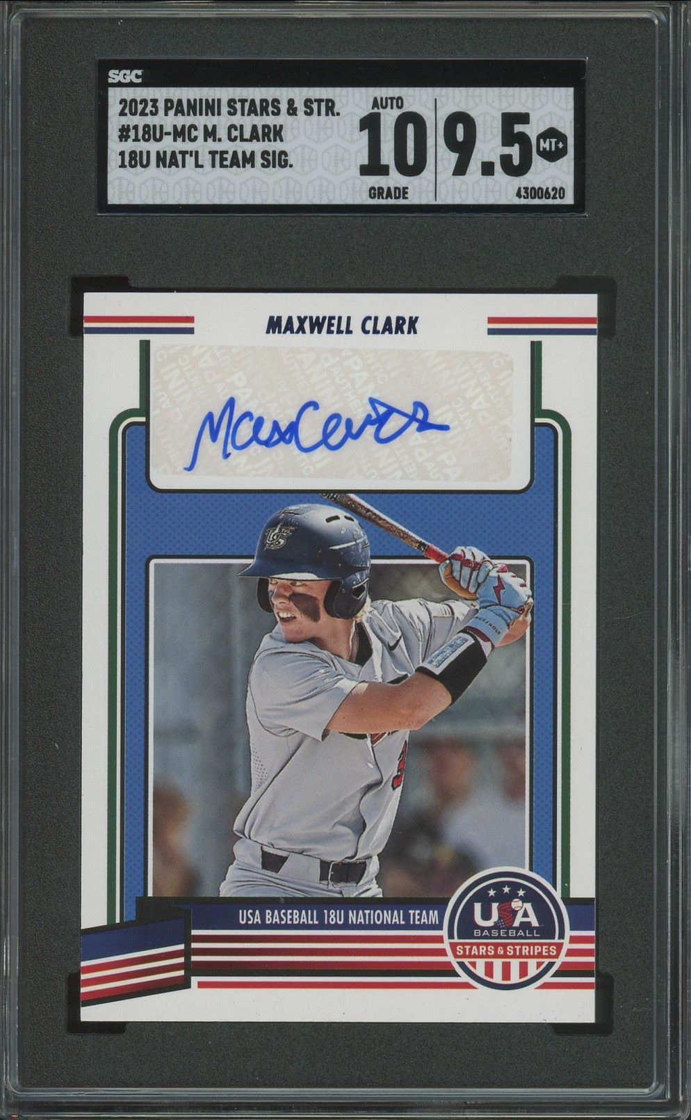 2023 Panini Stars & Stripes USA Baseball Max Clark Auto #18U-MC SGC Auto 10/9.5