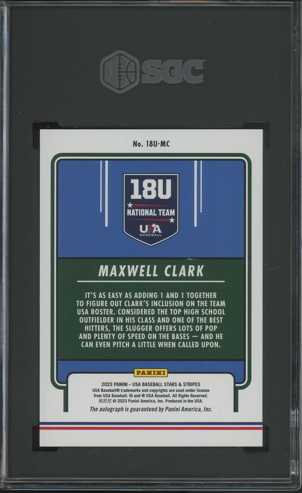 2023 Panini Stars & Stripes USA Baseball Max Clark Auto #18U-MC SGC Auto 10/9.5