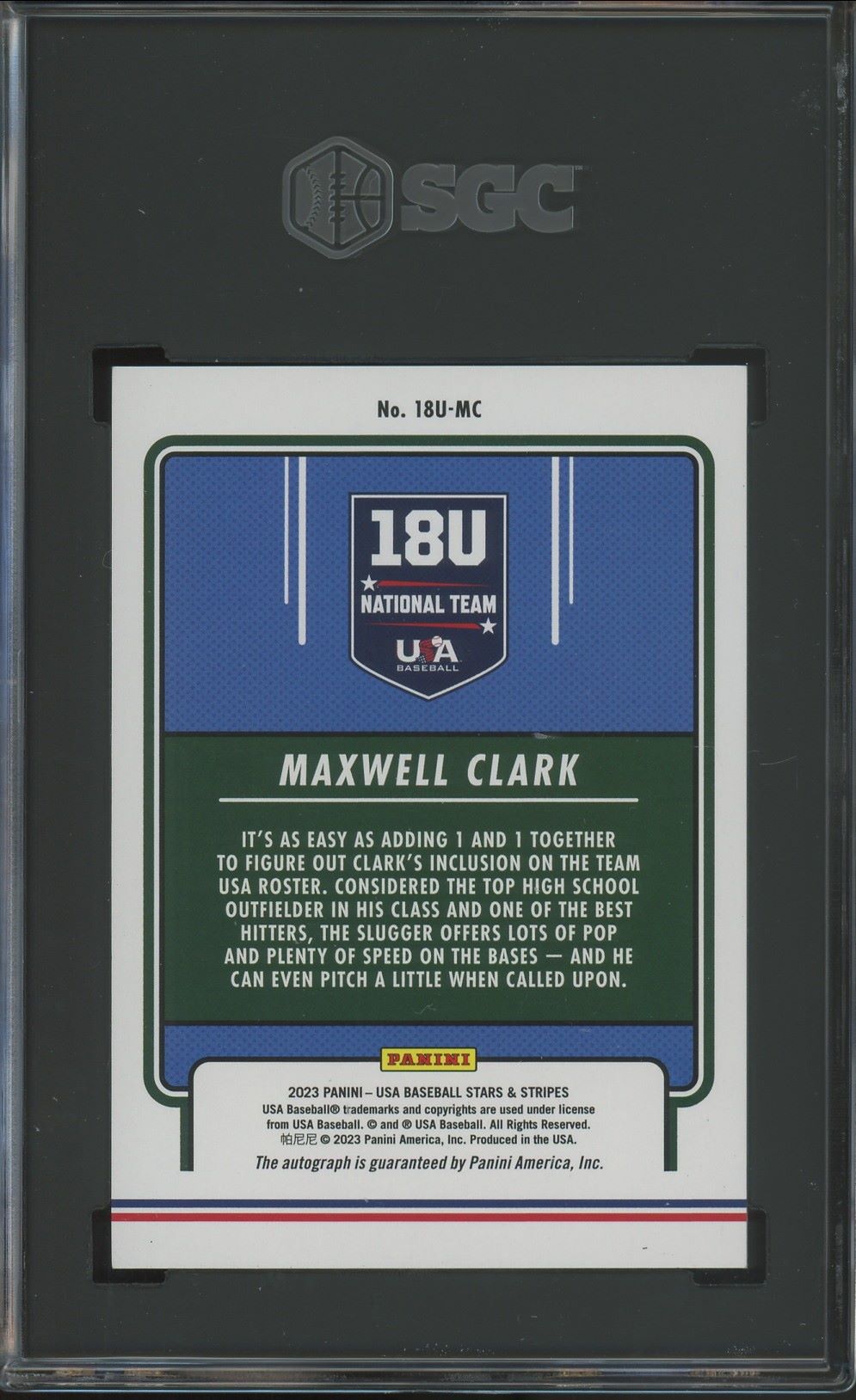 2023 Panini Stars & Stripes USA Baseball Max Clark Auto #18U-MC SGC Auto 10/9