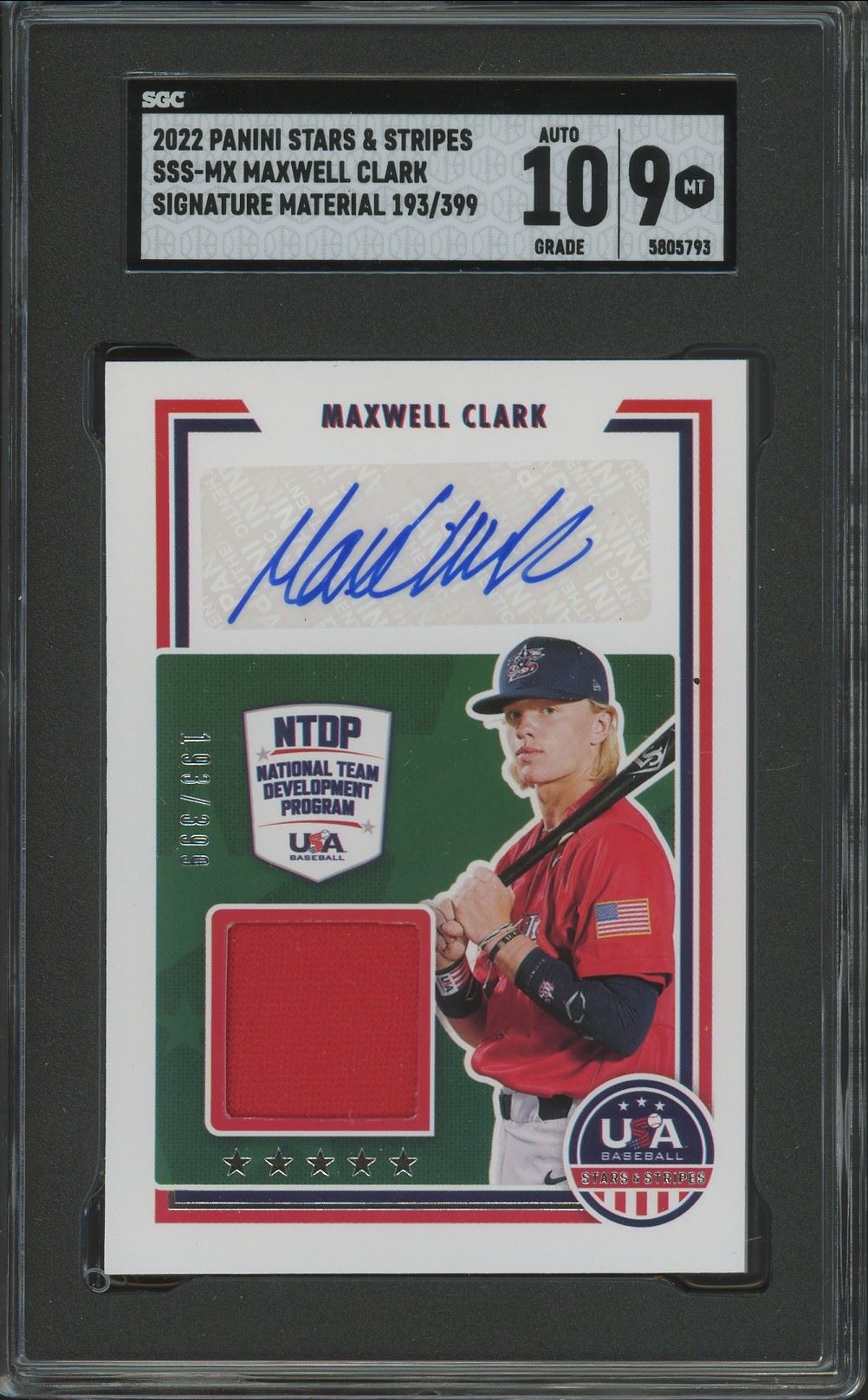 2022 USA Stars and Stripes Maxwell Clark Patch Auto #/399 #SSS-MX SGC Auto 10/9